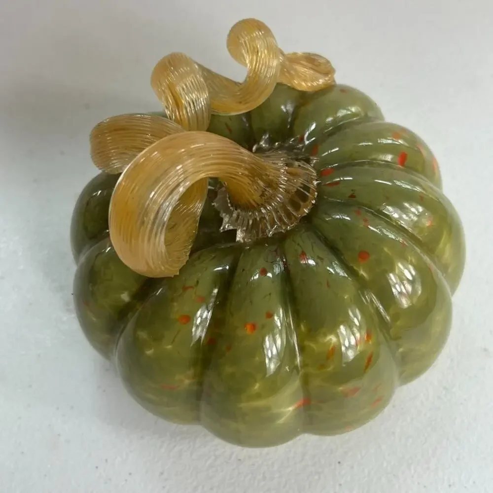Hand Blown Art Glass Pumpkin Twist Stem Orange & Green 5